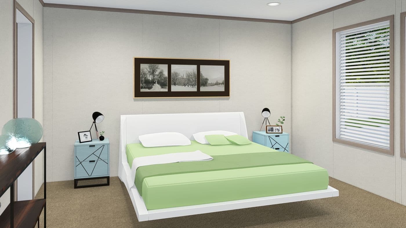 The 6028-E788 THE PULSE Primary Bedroom. This Manufactured Mobile Home features 4 bedrooms and 2 baths.