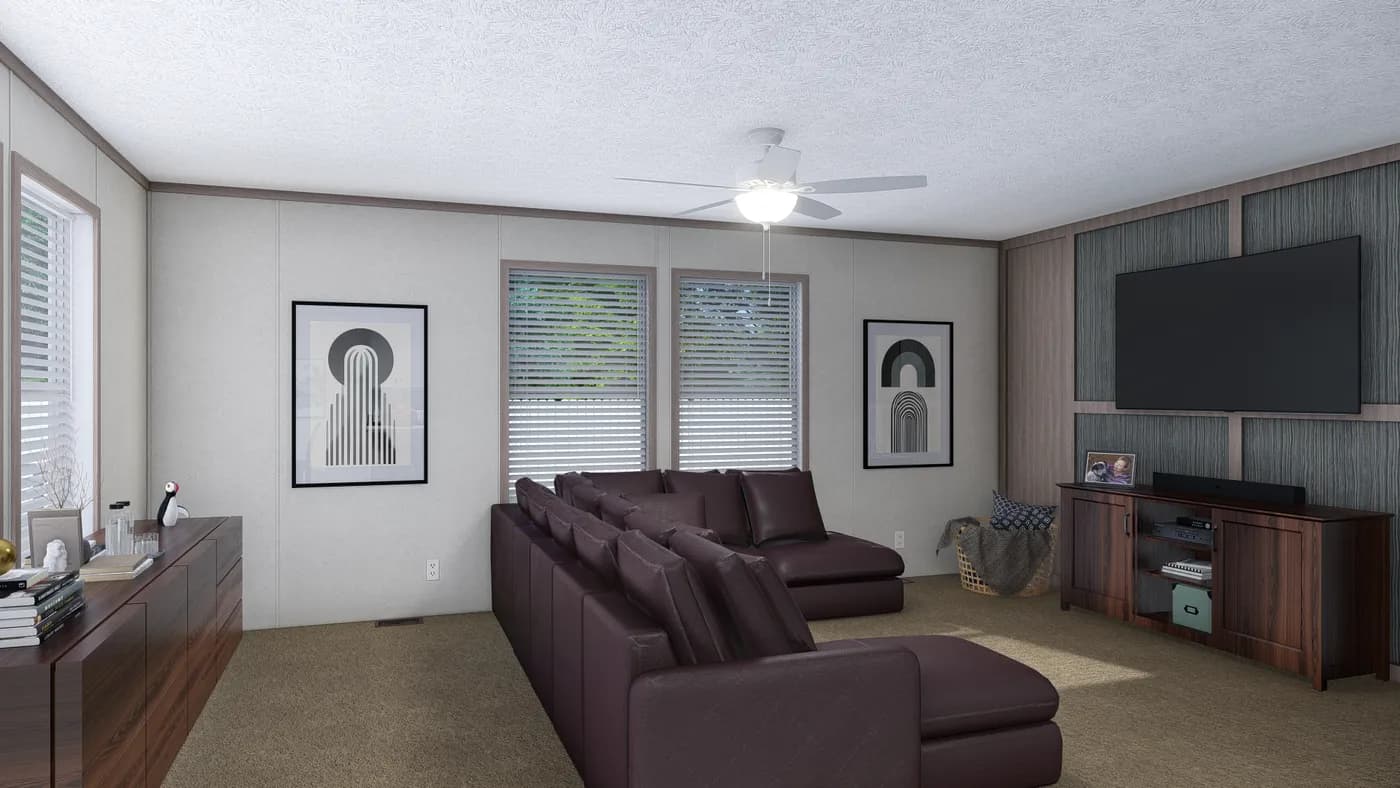The 5228-E774P THE PULSE Living Room. This Manufactured Mobile Home features 3 bedrooms and 2 baths.