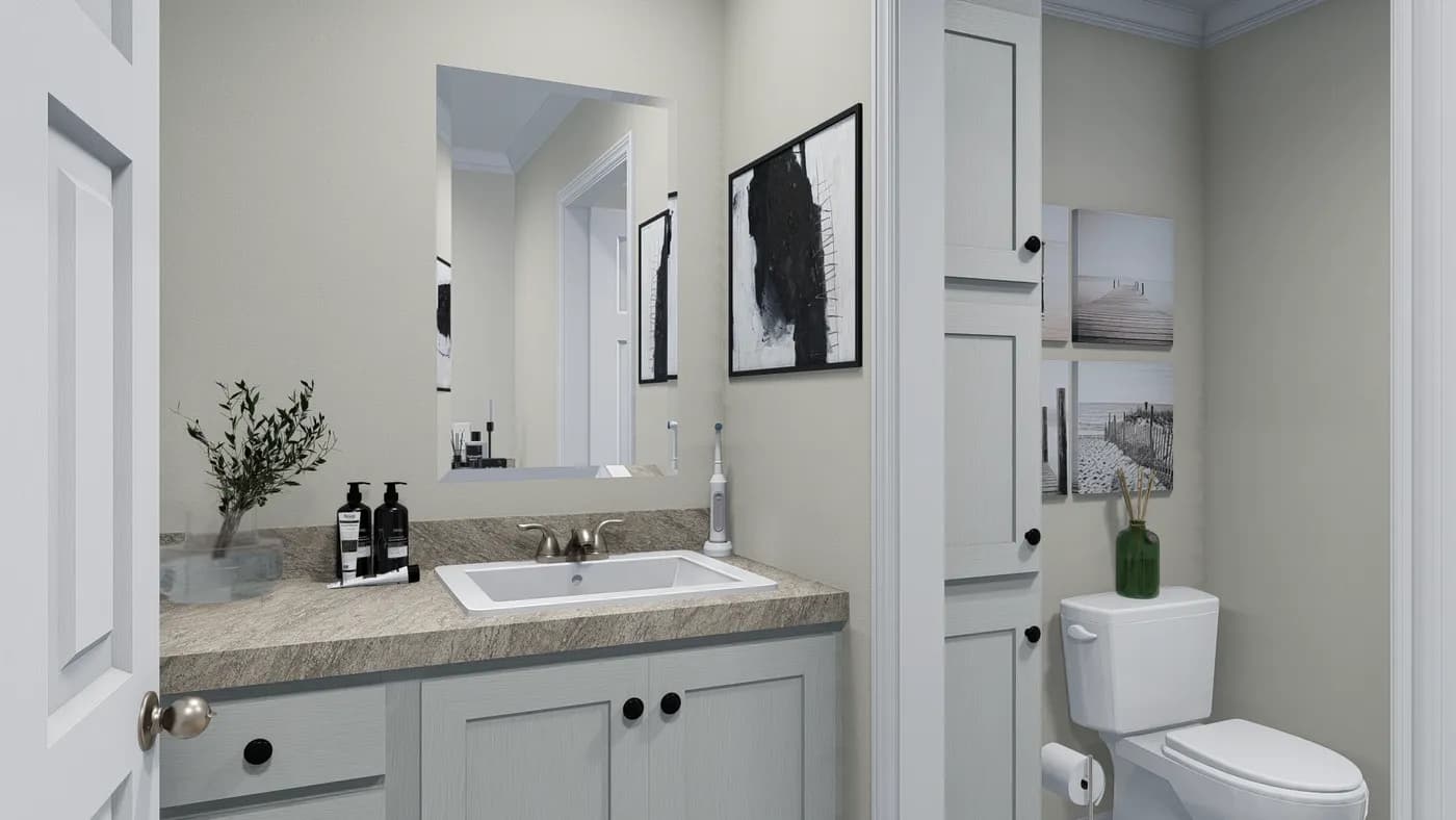 The 5425 "RIDGE" 7628 Guest Bathroom. This Manufactured Mobile Home features 4 bedrooms and 2 baths.