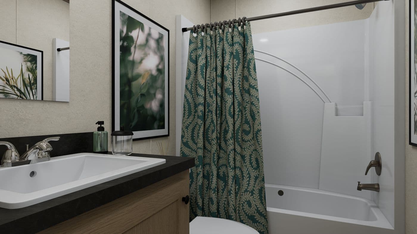 The 6016-CC03 HARBORVIEW 60 Guest Bathroom. This Manufactured Mobile Home features 2 bedrooms and 2 baths.
