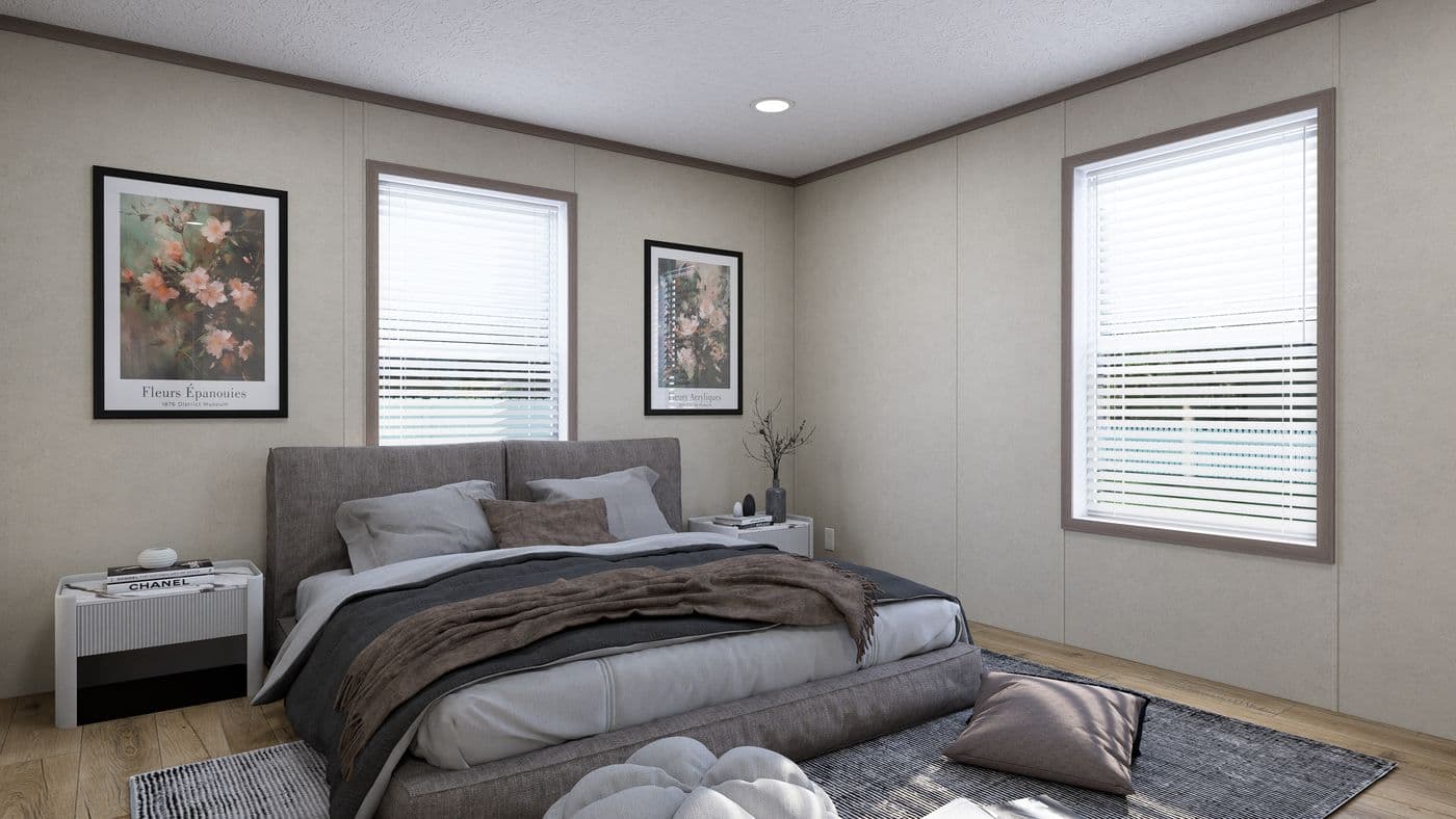 The 5628-CC52 COMPASS 56 Primary Bedroom. This Manufactured Mobile Home features 3 bedrooms and 2 baths.