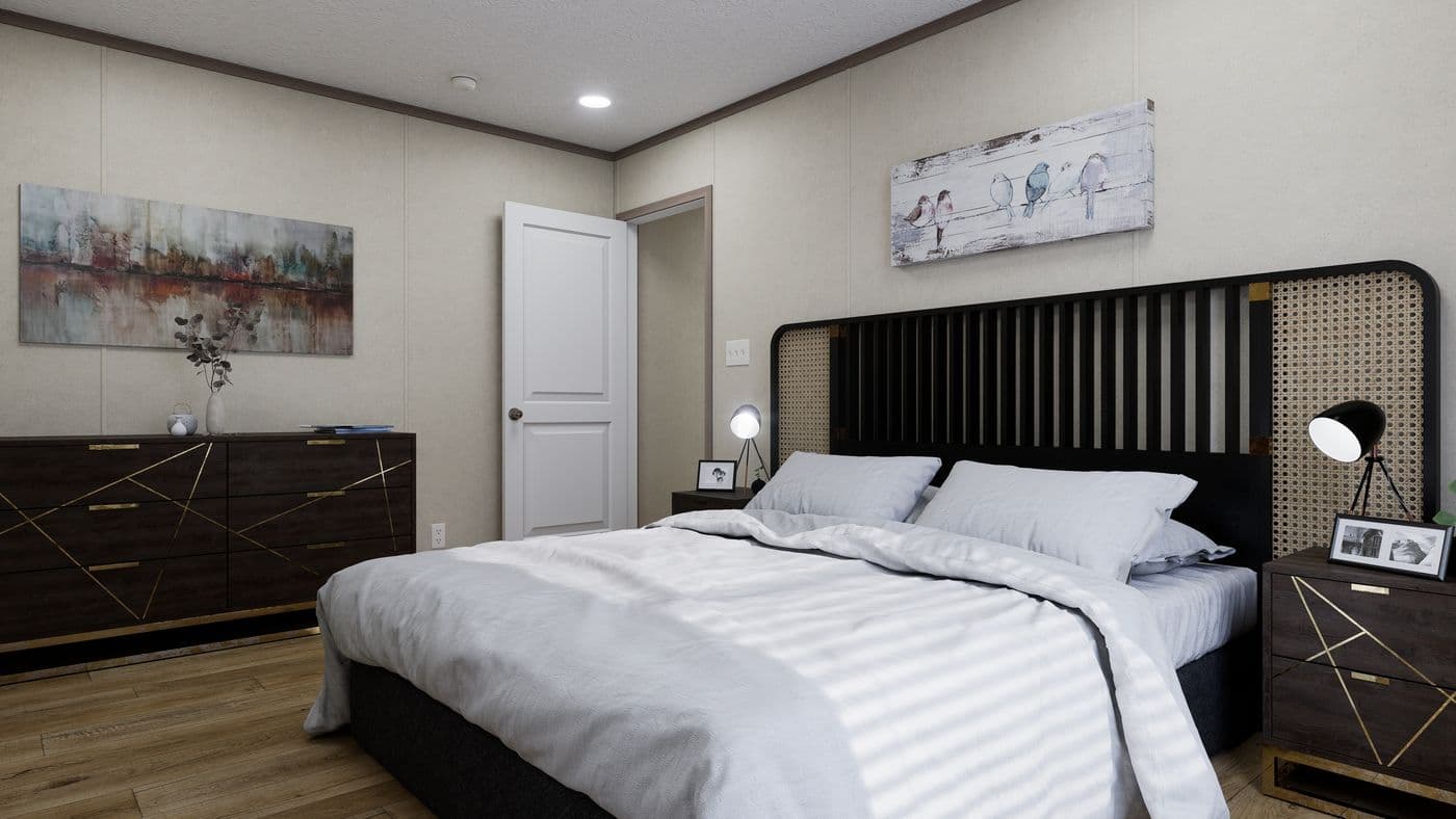 The 6016-CC03 HARBORVIEW 60 Primary Bedroom. This Manufactured Mobile Home features 2 bedrooms and 2 baths.