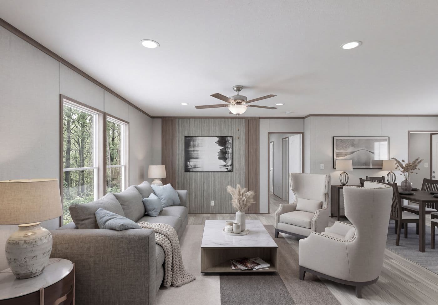 The THE MOUNTAINEER 64 Living Room. This Manufactured Mobile Home features 3 bedrooms and 2 baths.
