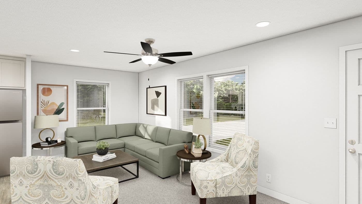 The DRM482P 2048'            DREAM Living Room. This Manufactured Mobile Home features 2 bedrooms and 2 baths.