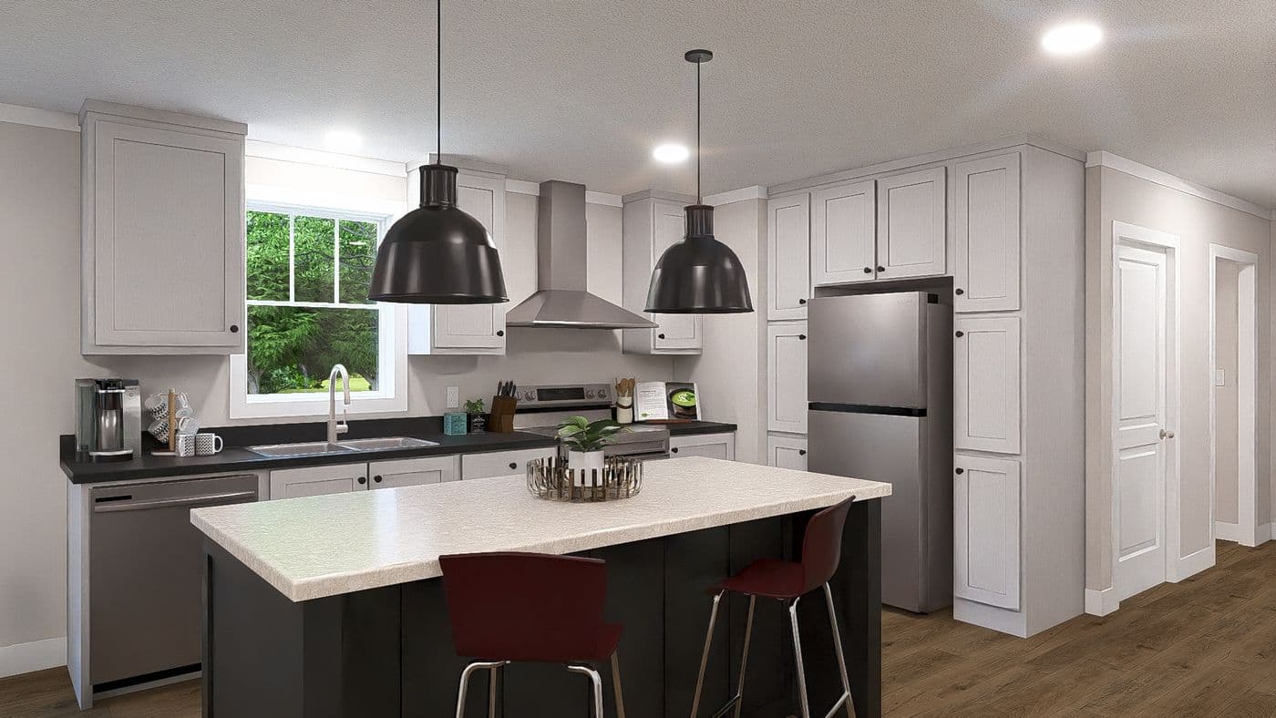 The LEAN ON ME Kitchen. This Modular Home features 3 bedrooms and 2 baths.