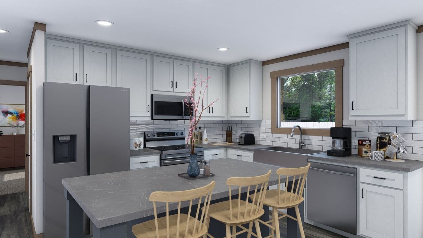 The TRINITY 60 Kitchen. This Manufactured Mobile Home features 2 bedrooms and 2 baths.