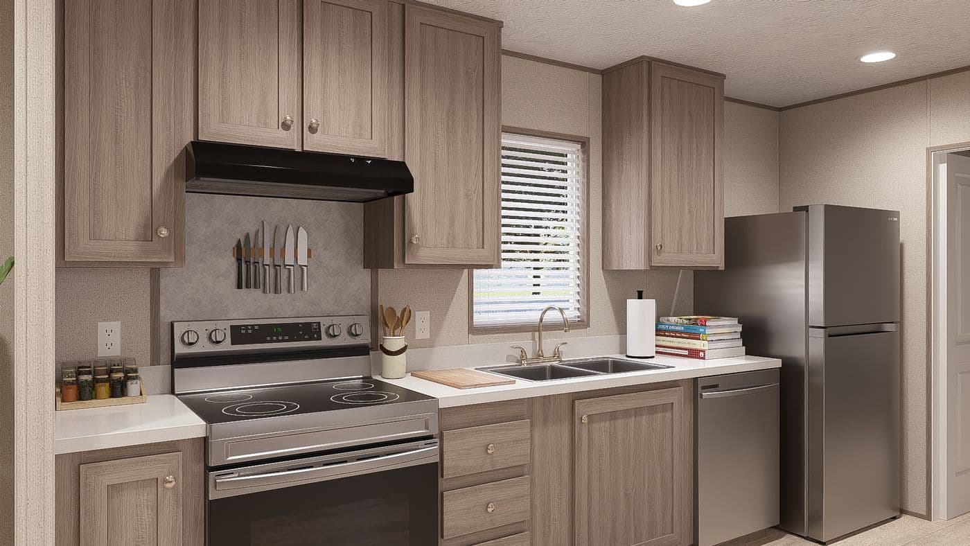The BLAZER 56 B Kitchen. This Manufactured Mobile Home features 2 bedrooms and 2 baths.