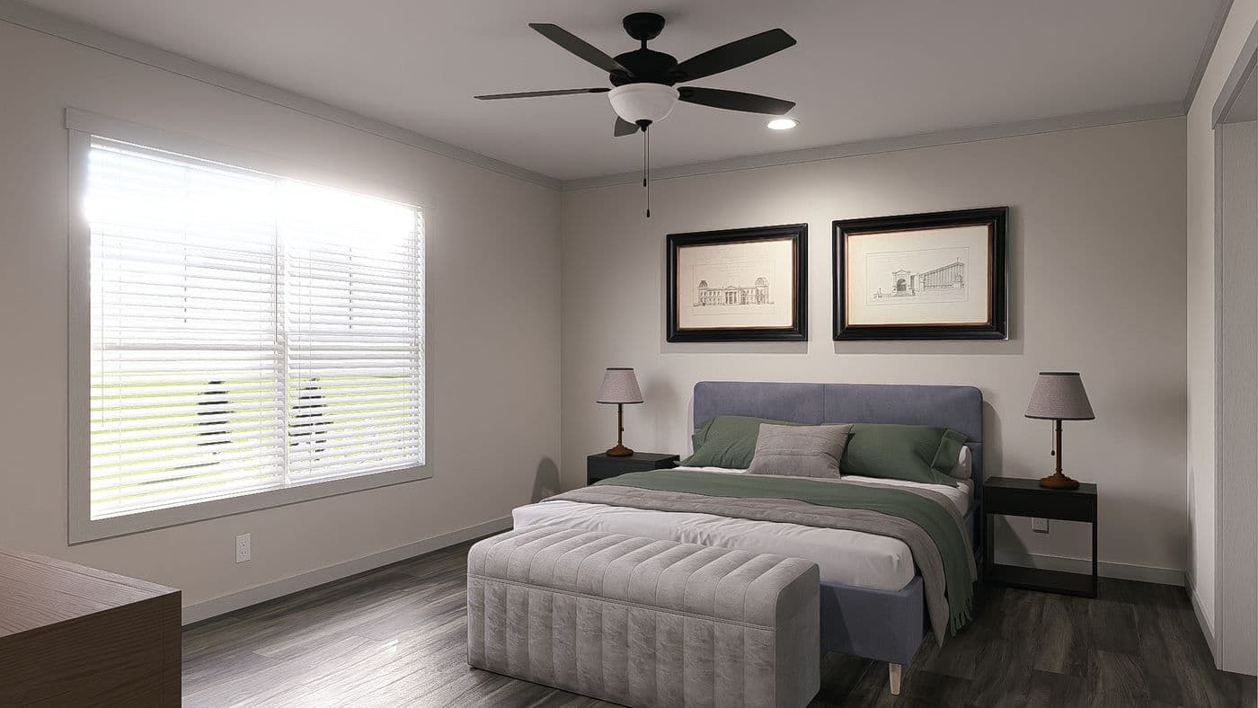 The FARM 3 FLEX DEN Primary Bedroom. This Manufactured Mobile Home features 3 bedrooms and 2 baths.
