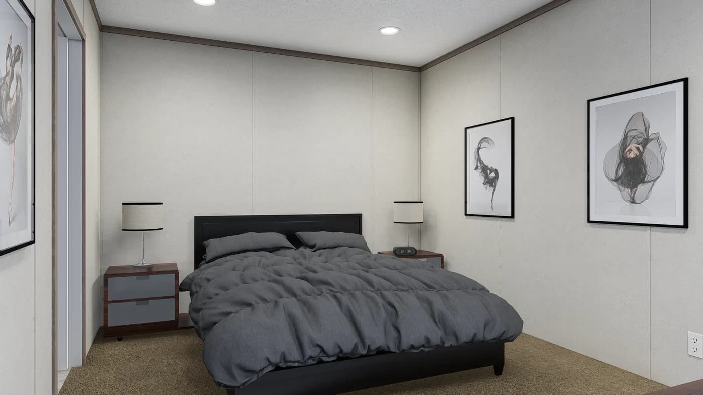 The 6616-4791 THE PULSE Primary Bedroom. This Manufactured Mobile Home features 3 bedrooms and 2 baths.