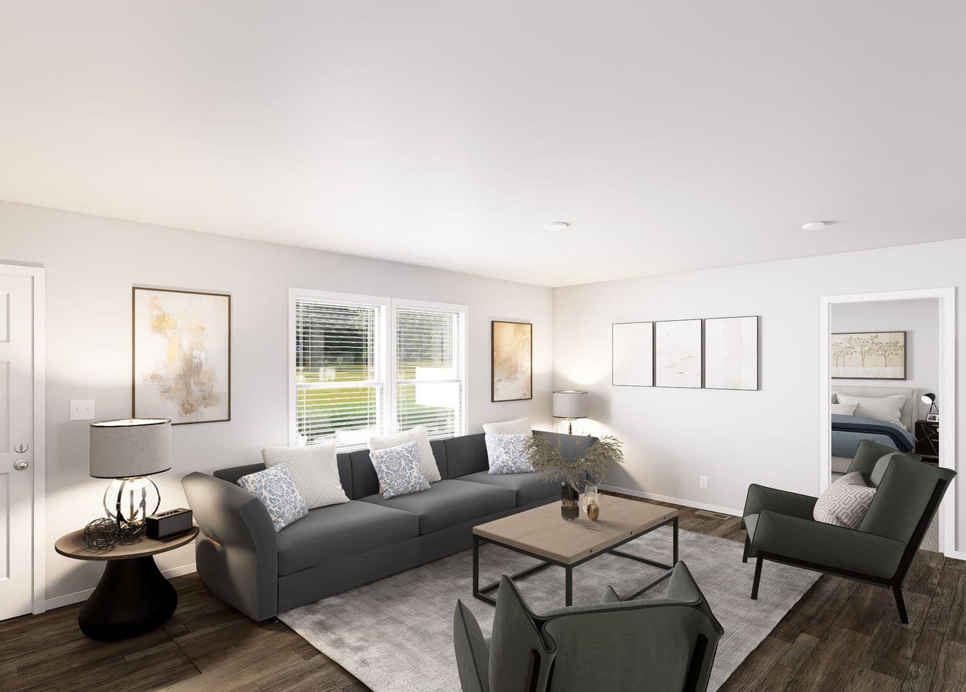 The SLE 481F Living Room. This Manufactured Mobile Home features 3 bedrooms and 2 baths.