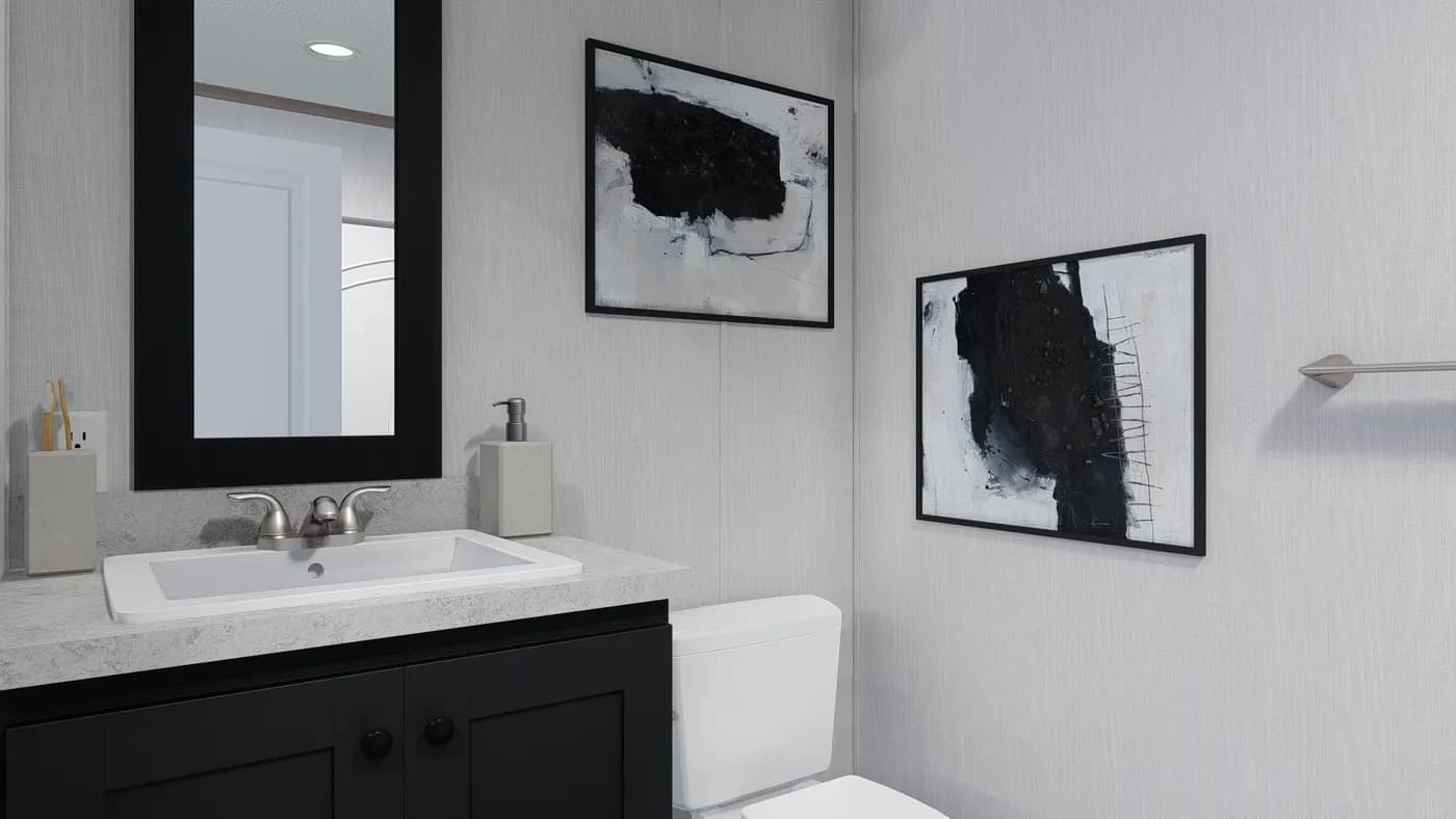 The 6616-4791 THE PULSE Primary Bathroom. This Manufactured Mobile Home features 3 bedrooms and 2 baths.