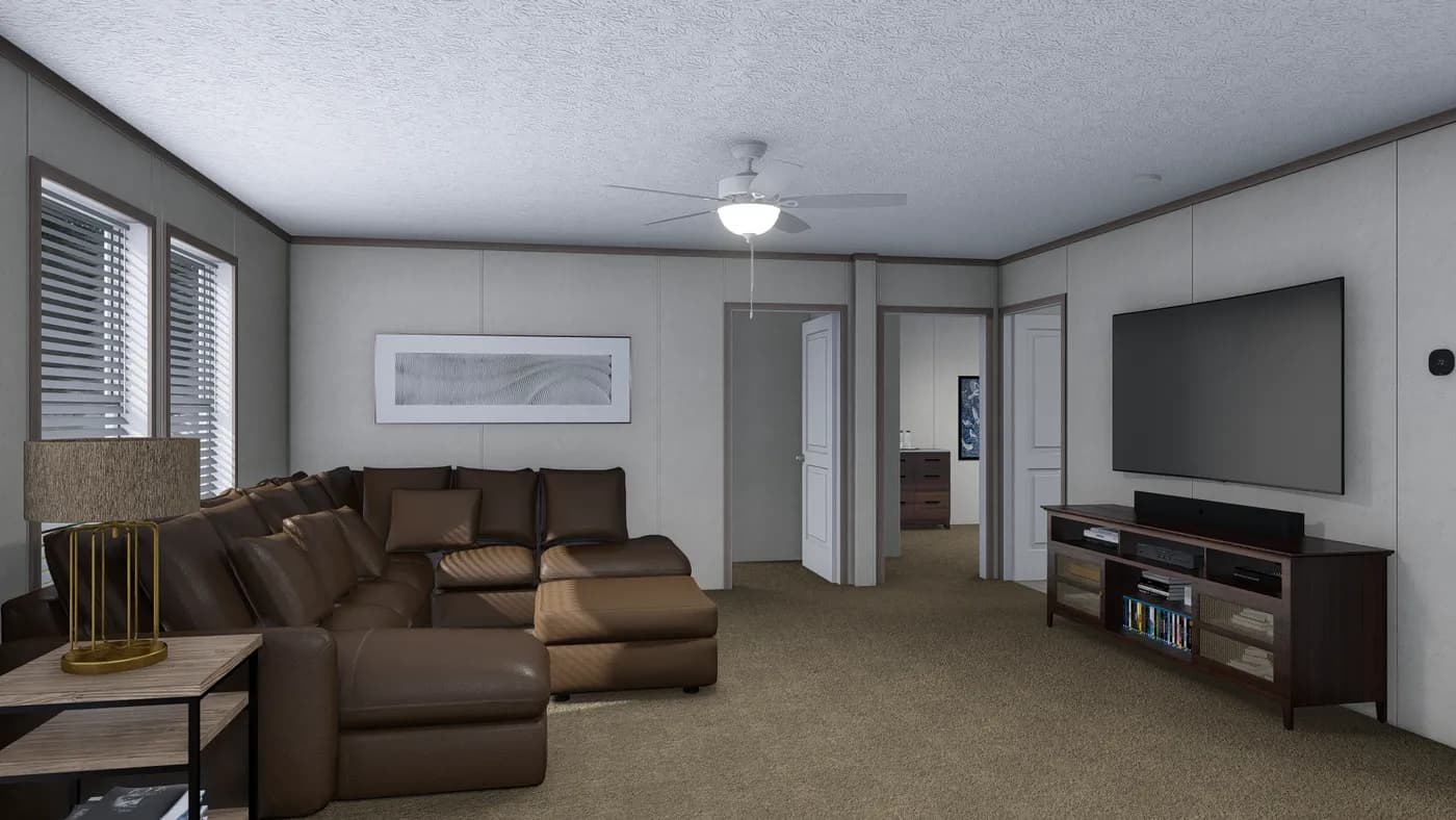 The 5628-E845P THE PULSE Living Room. This Manufactured Mobile Home features 3 bedrooms and 2 baths.