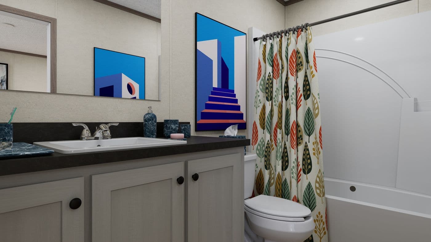 The 7216-CC01 CORNERSTONE 72 Primary Bathroom. This Manufactured Mobile Home features 3 bedrooms and 2 baths.