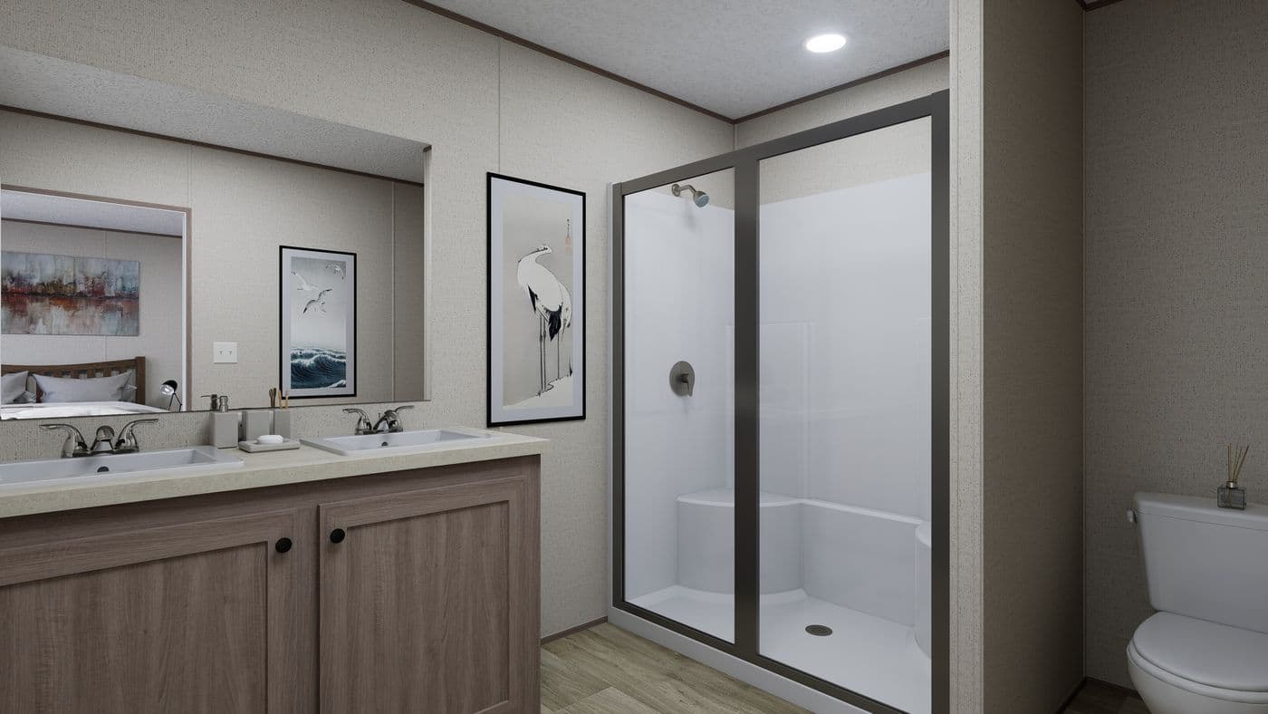 The FOOTHILLS 76 Primary Bathroom. This Manufactured Mobile Home features 3 bedrooms and 2 baths.