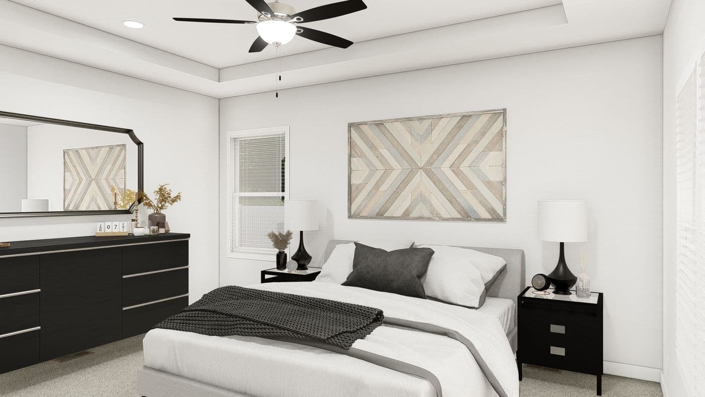 The ING621K TAMARACK            GW Primary Bedroom. This Manufactured Mobile Home features 3 bedrooms and 2 baths.