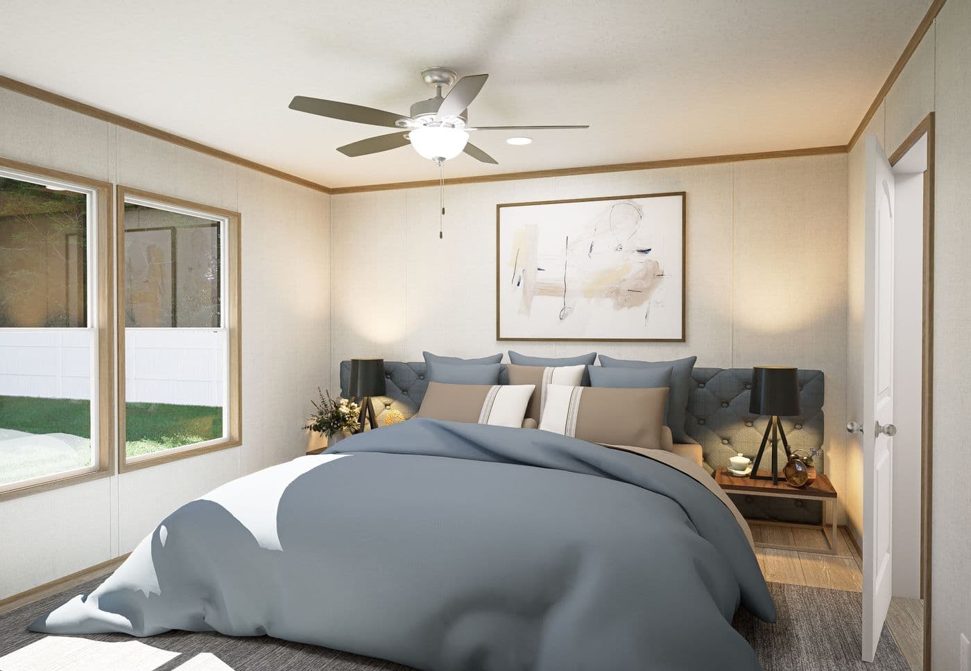 The THE MOUNTAINEER 68 Primary Bedroom. This Manufactured Mobile Home features 4 bedrooms and 2 baths.