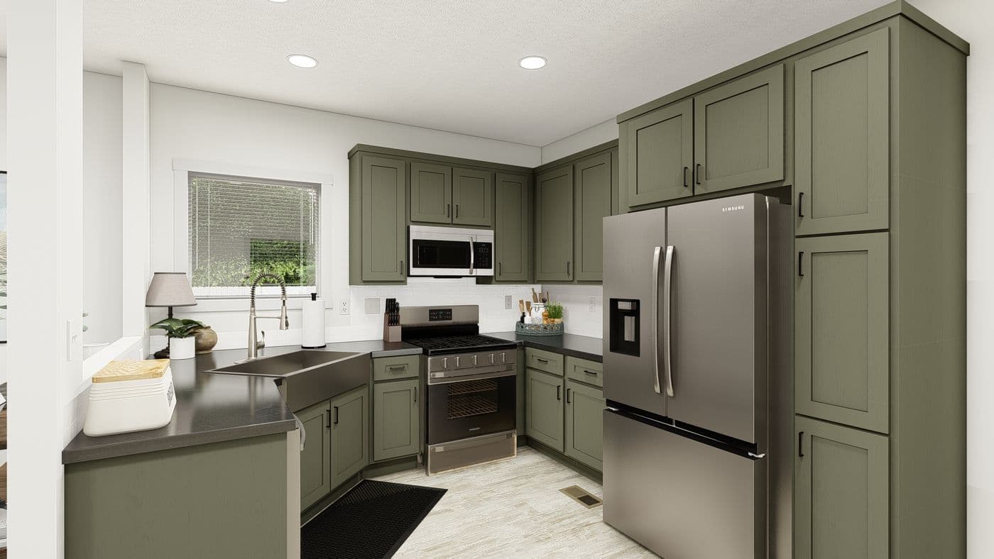 The HRR-1656-2A               CURE Kitchen. This Manufactured Mobile Home features 2 bedrooms and 2 baths.
