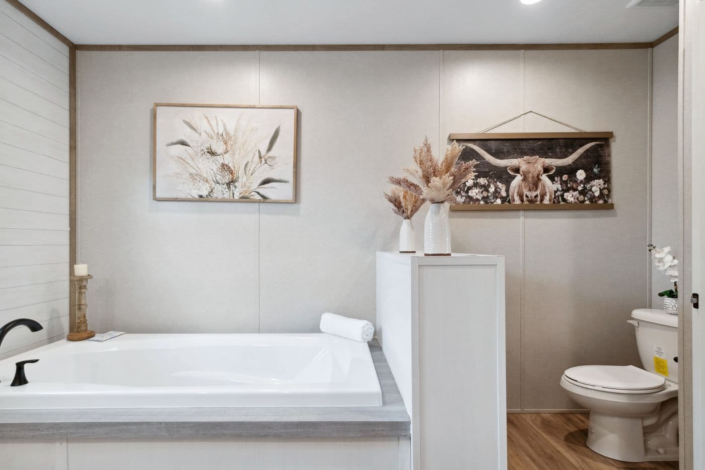 The BREEZE FARMHOUSE 72 Primary Bathroom. This Manufactured Mobile Home features 4 bedrooms and 2 baths.