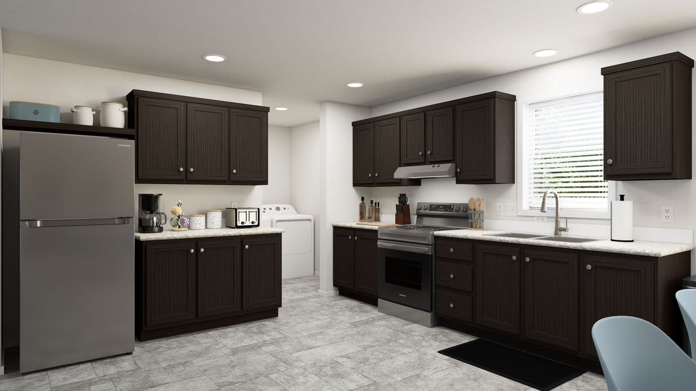 The SLE 561F Kitchen. This Manufactured Mobile Home features 3 bedrooms and 2 baths.