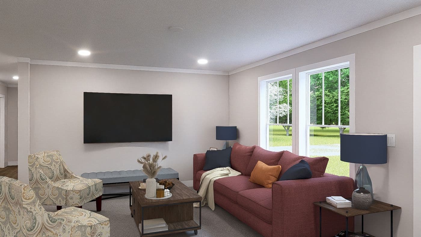 The LEAN ON ME Living Room. This Modular Home features 3 bedrooms and 2 baths.
