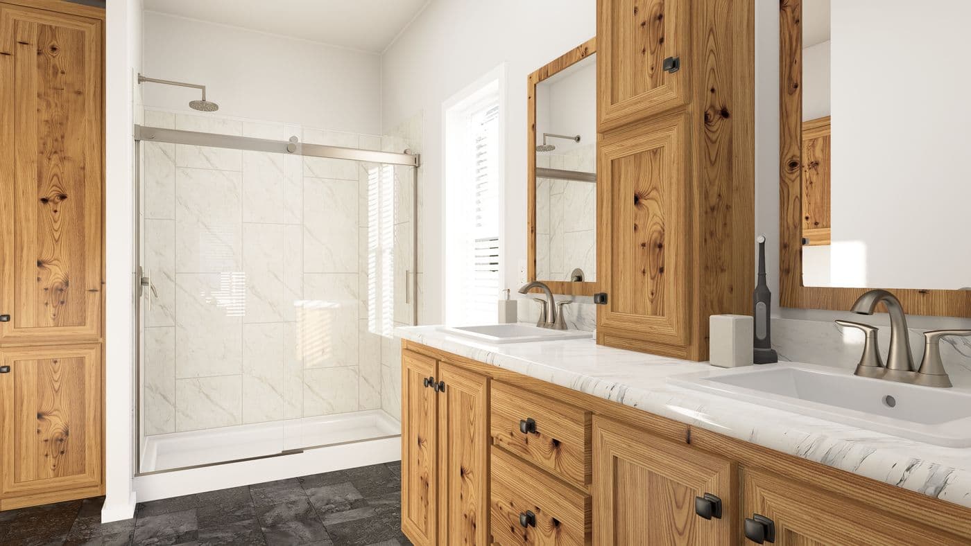 The ING485F BLUE SPRUCE         GW Primary Bathroom. This Manufactured Mobile Home features 2 bedrooms and 2 baths.