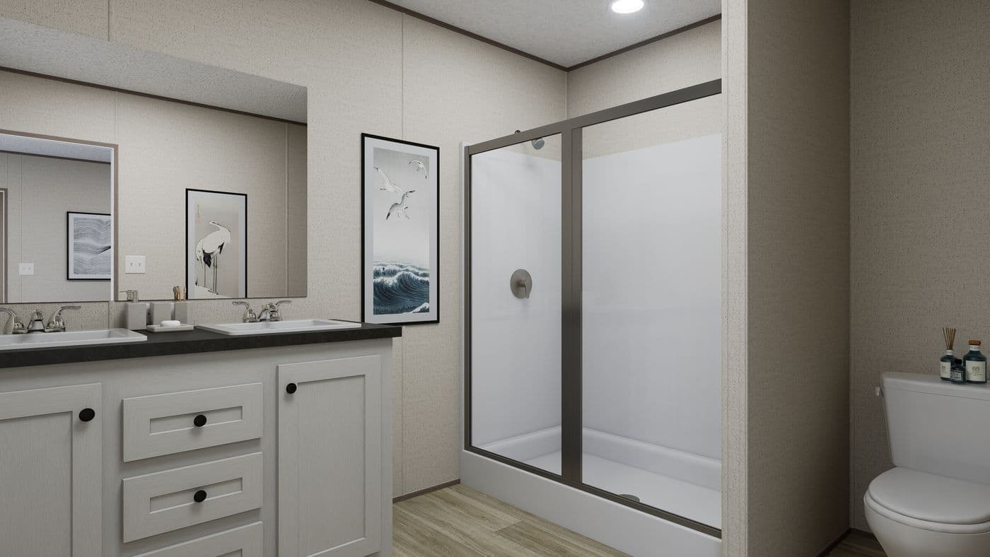The ROCKY CREST Primary Bathroom. This Manufactured Mobile Home features 3 bedrooms and 2 baths.