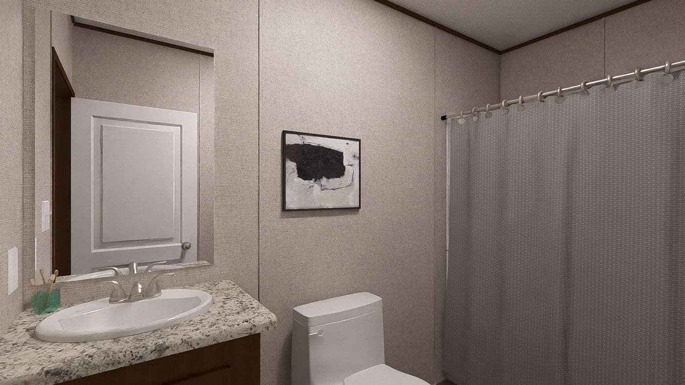 The REDWOOD Guest Bathroom. This Manufactured Mobile Home features 5 bedrooms and 3 baths.