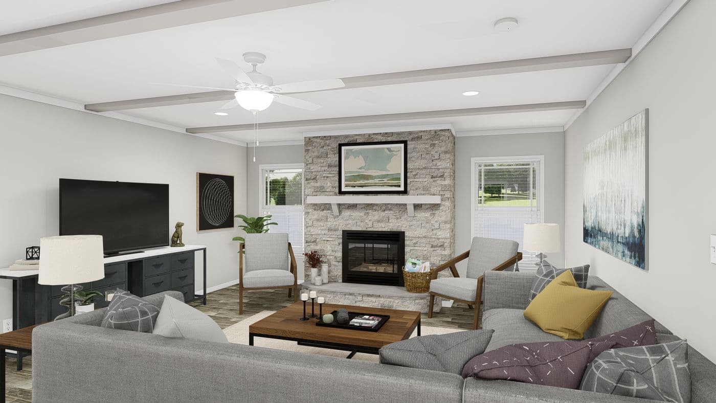 The FRONTIER Living Room. This Manufactured Mobile Home features 3 bedrooms and 2 baths.