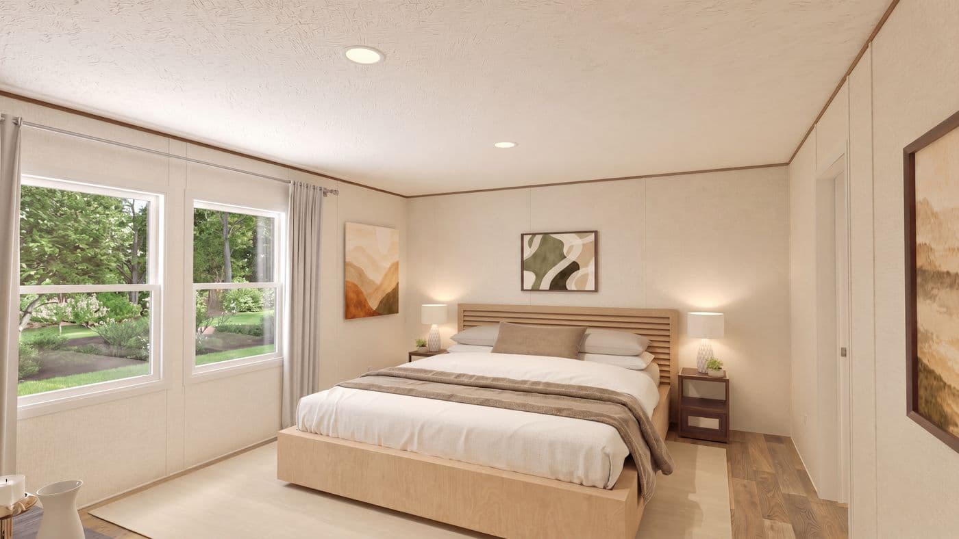 The REDWOOD Primary Bedroom. This Manufactured Mobile Home features 5 bedrooms and 3 baths.