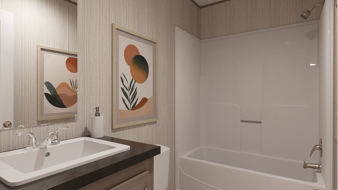The BLAZER 56 B Guest Bathroom. This Manufactured Mobile Home features 2 bedrooms and 2 baths.