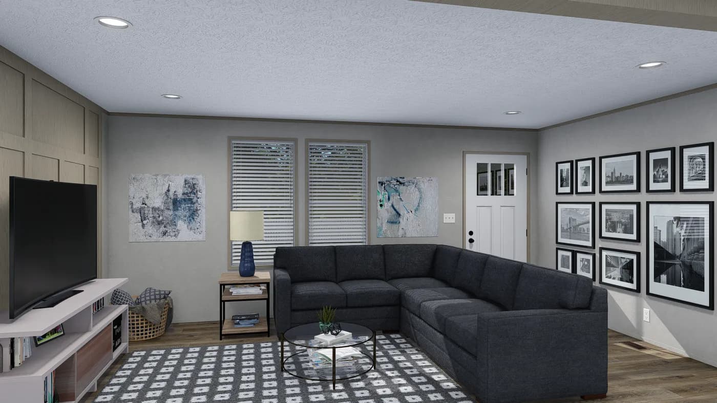 The LEO Living Room. This Manufactured Mobile Home features 3 bedrooms and 2 baths.