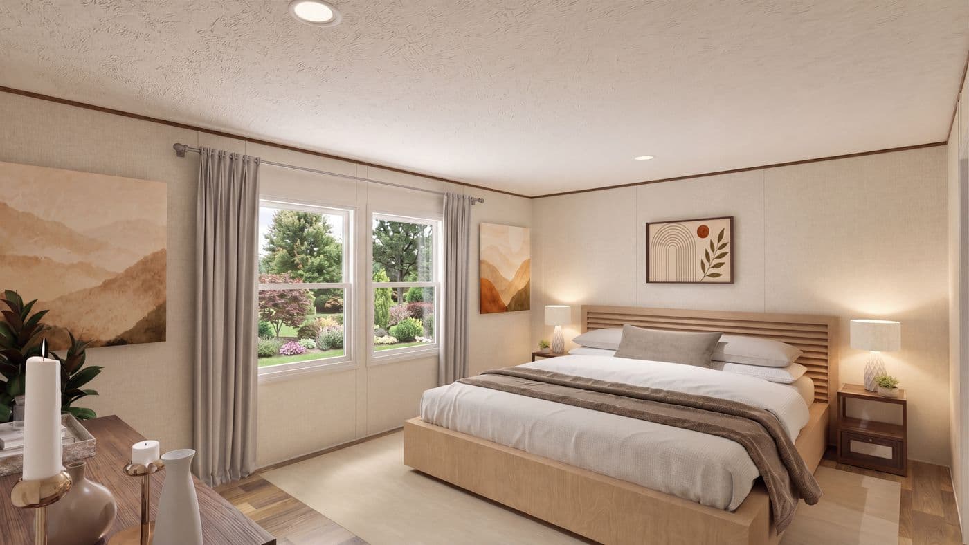 The SYCAMORE Primary Bedroom. This Manufactured Mobile Home features 4 bedrooms and 2 baths.