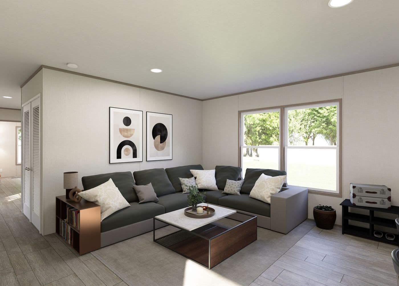 The FLEX COASTAL BREEZE Living Room. This Manufactured Mobile Home features 3 bedrooms and 2 baths.