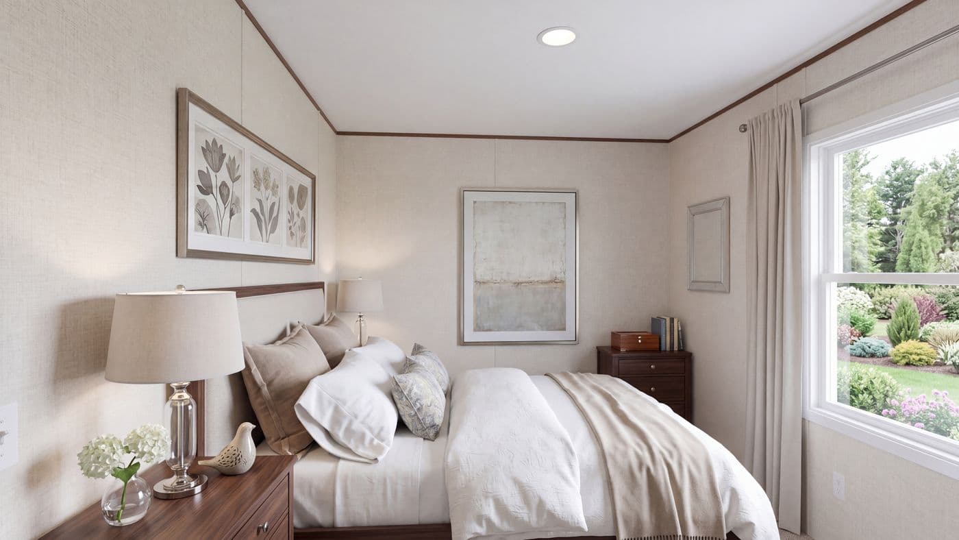The ELM Bedroom. This Manufactured Mobile Home features 2 bedrooms and 1 bath.