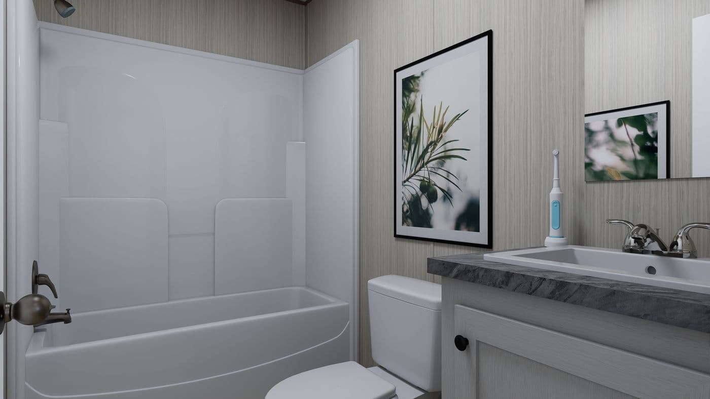The FOOTHILLS 72 Guest Bathroom. This Manufactured Mobile Home features 3 bedrooms and 2 baths.