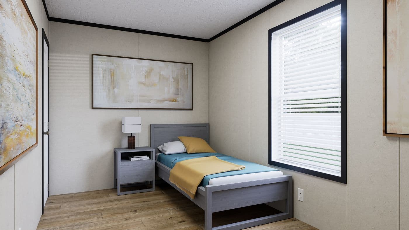 The 7016-CC01 CORNERSTONE 70 Guest Bedroom. This Manufactured Mobile Home features 3 bedrooms and 2 baths.