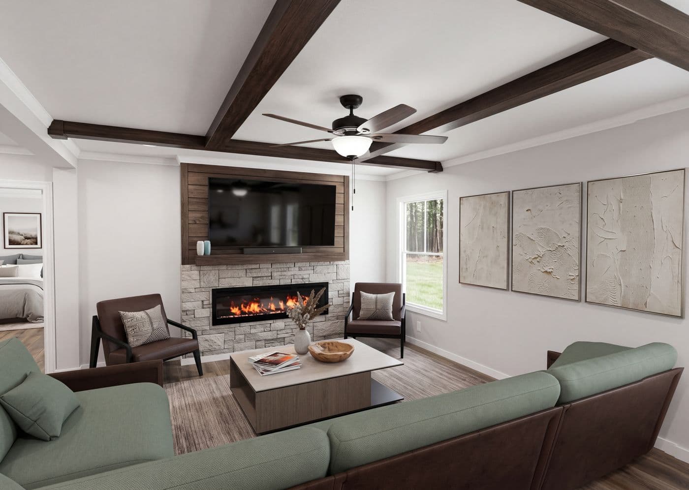 The THE ROOSEVELT Living Room. This Manufactured Mobile Home features 4 bedrooms and 3 baths.