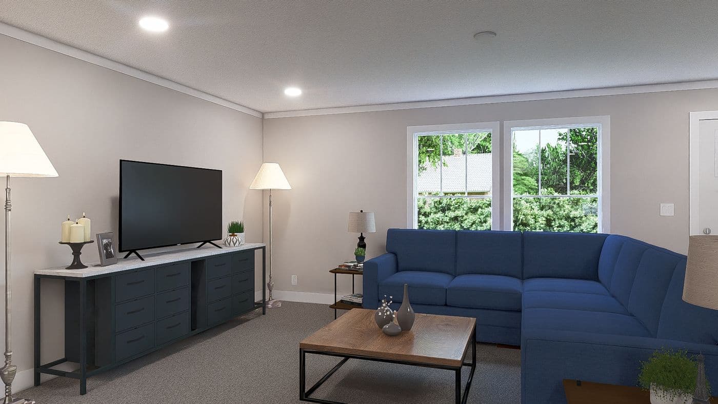 The ROCKET MAN Living Room. This Modular Home features 3 bedrooms and 2 baths.