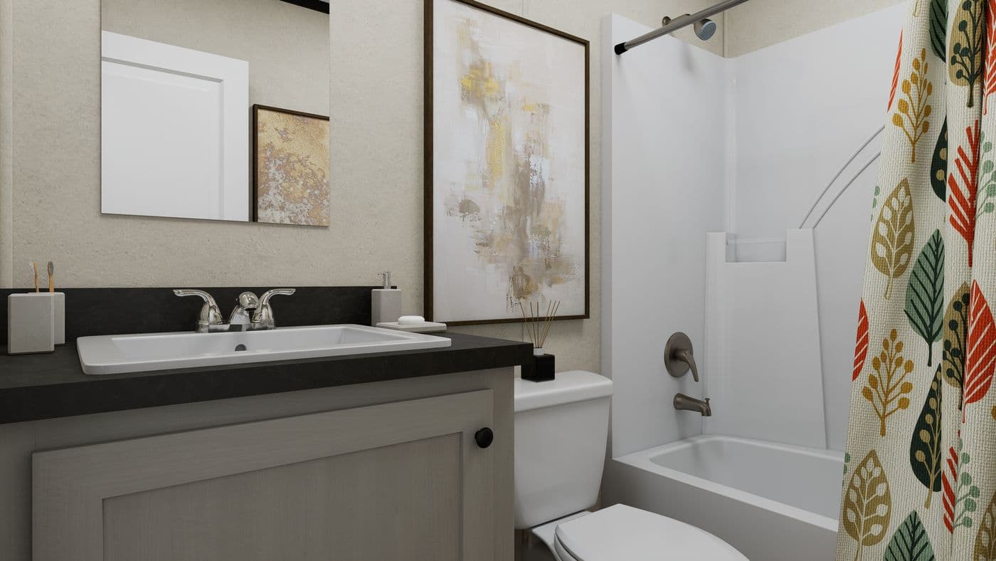 The 7016-CC01 CORNERSTONE 70 Guest Bathroom. This Manufactured Mobile Home features 3 bedrooms and 2 baths.