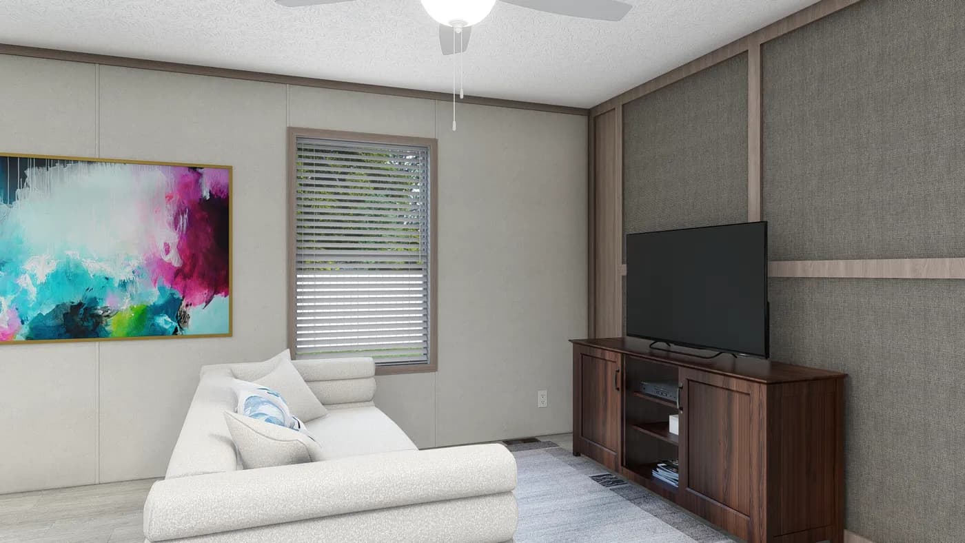 The 6616-4711 THE PULSE Living Room. This Manufactured Mobile Home features 3 bedrooms and 2 baths.