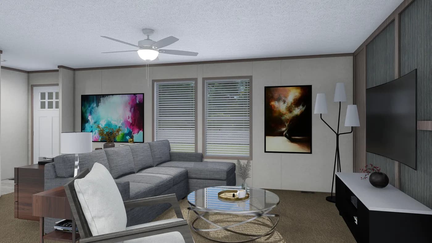The 6428-E792 THE PULSE Living Room. This Manufactured Mobile Home features 3 bedrooms and 2.5 baths.