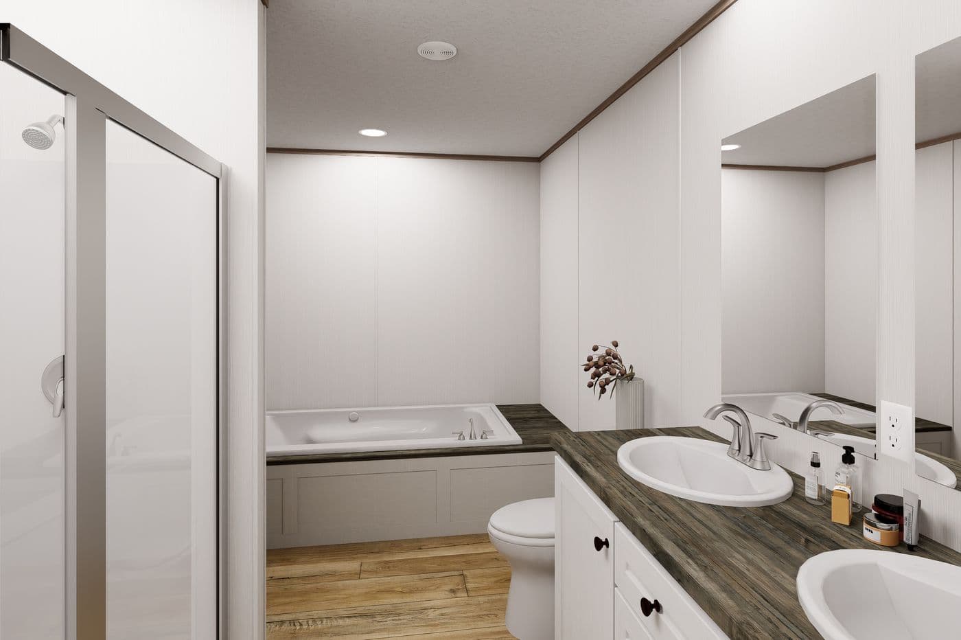 The ULTRA FLEX 48 Primary Bathroom. This Manufactured Mobile Home features 3 bedrooms and 2 baths.