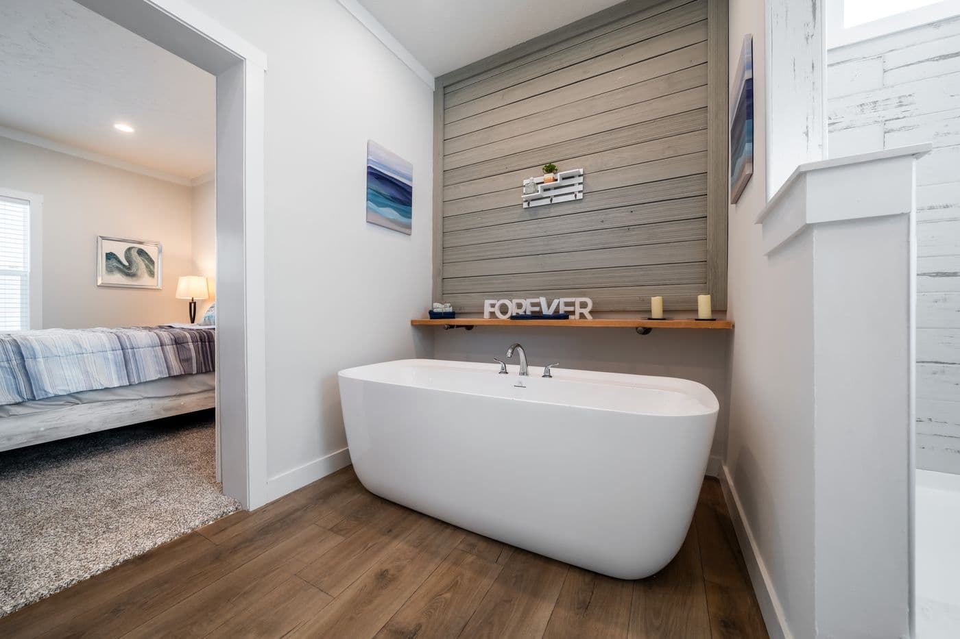 The 3459 MOD 64X28 CAROLINA Primary Bathroom. This Modular Home features 3 bedrooms and 2 baths.
