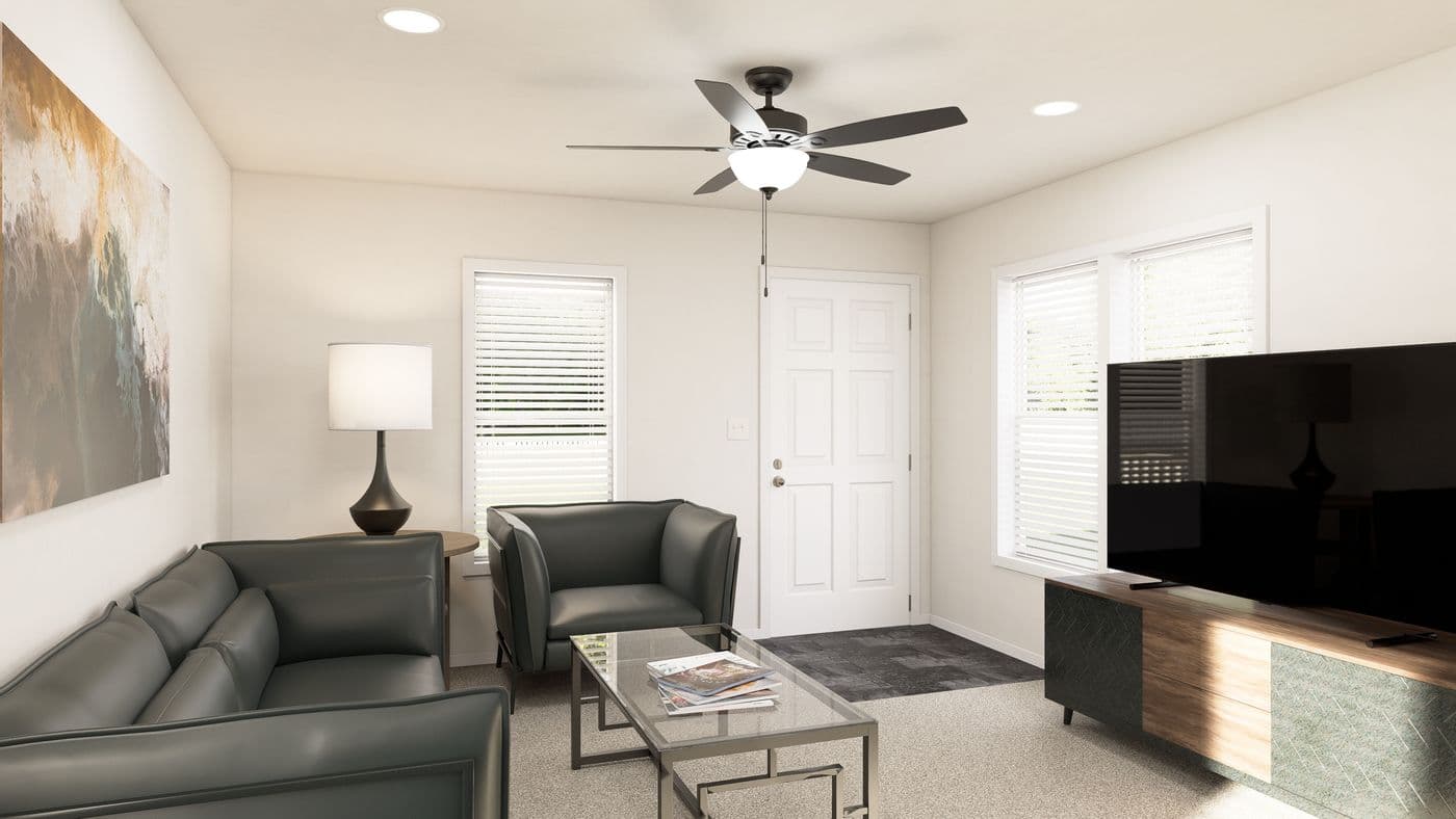 The DRM521M 52'              DREAM Living Room. This Manufactured Mobile Home features 2 bedrooms and 1 bath.