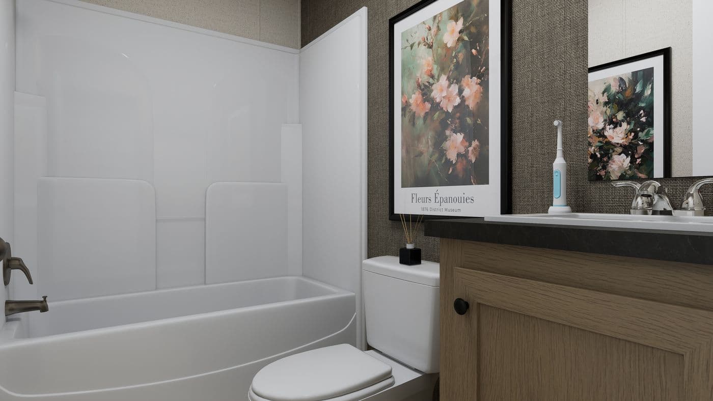 The ROCKY CREST Guest Bathroom. This Manufactured Mobile Home features 3 bedrooms and 2 baths.