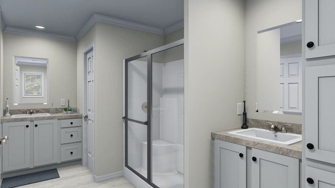 The 4204 "TOPSAIL" 7616 Primary Bathroom. This Manufactured Mobile Home features 3 bedrooms and 2 baths.
