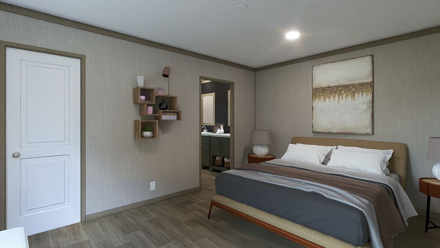 The SYDNEY Primary Bedroom. This Manufactured Mobile Home features 3 bedrooms and 2 baths.
