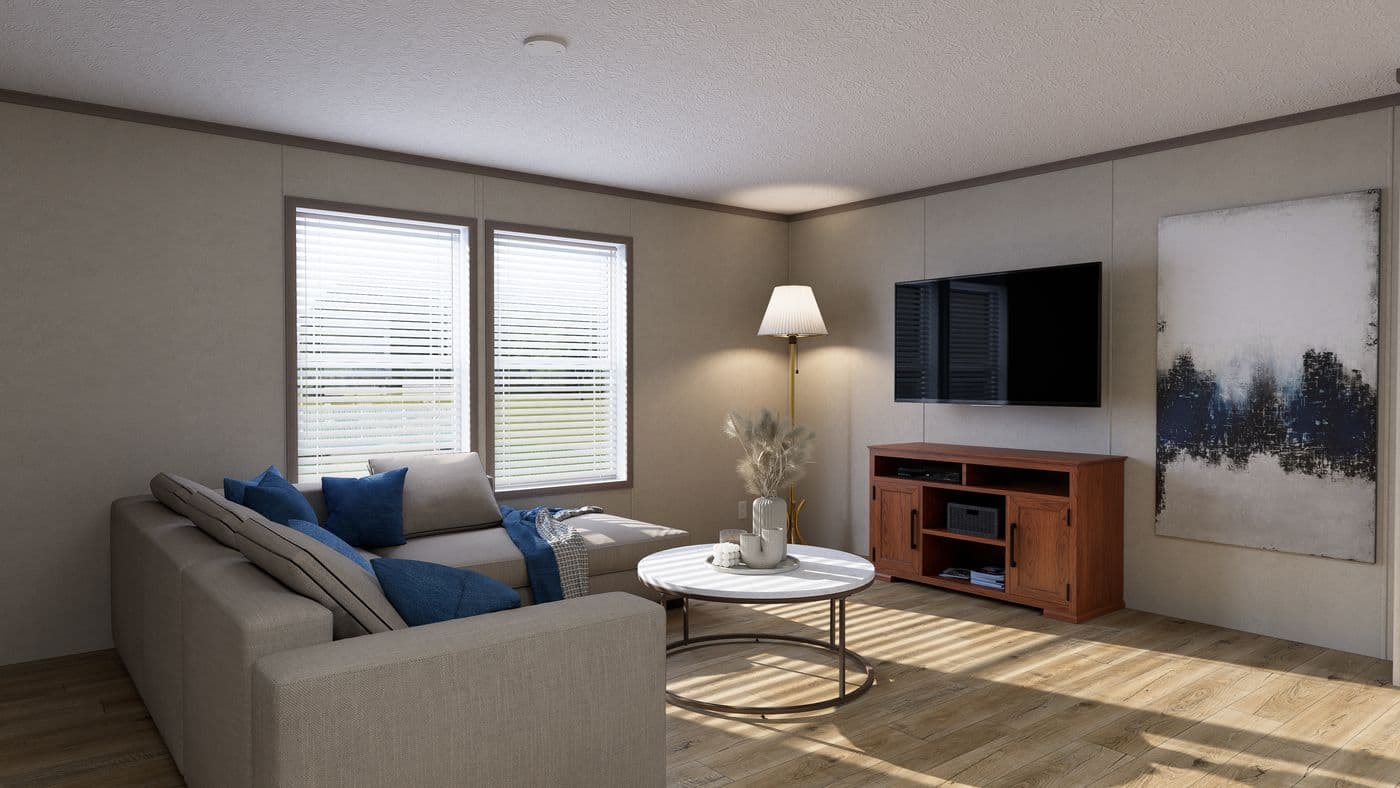 The 5628-CC52 COMPASS 56 Living Room. This Manufactured Mobile Home features 3 bedrooms and 2 baths.