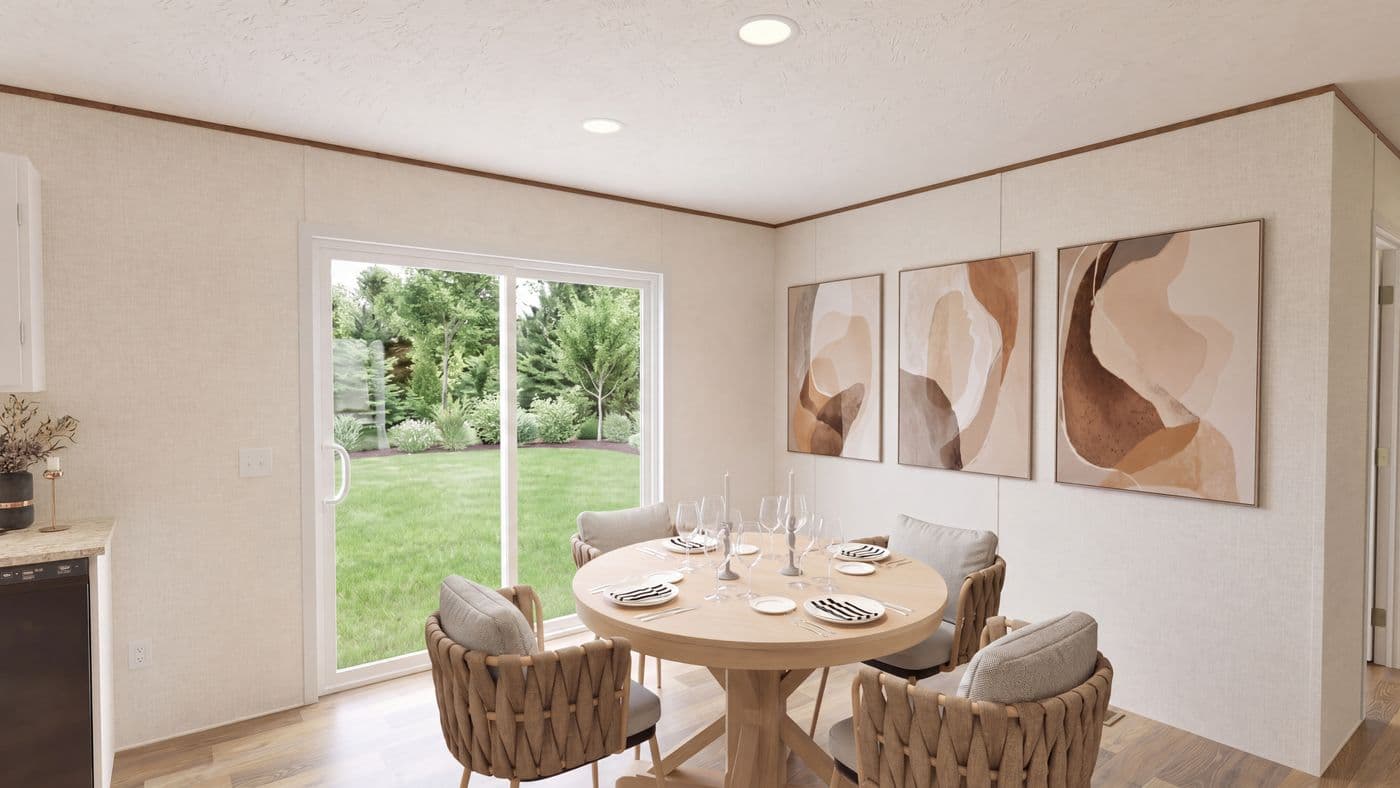 The REDWOOD Dining Area. This Manufactured Mobile Home features 5 bedrooms and 3 baths.