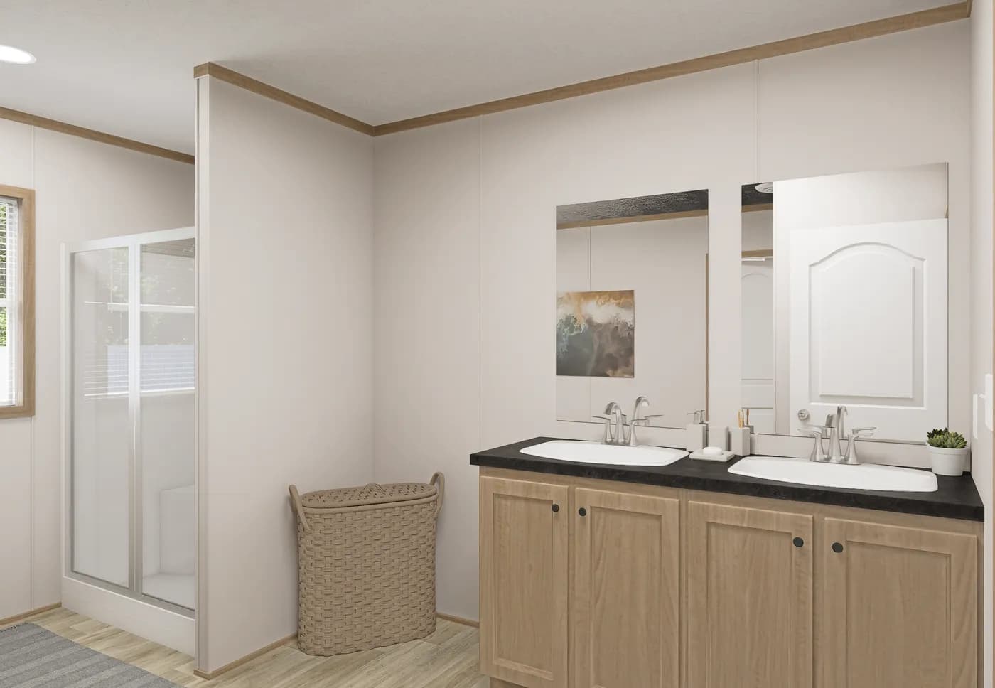 The THE MOUNTAINEER 72 Primary Bathroom. This Manufactured Mobile Home features 3 bedrooms and 2 baths.